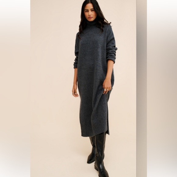 ANTHROPOLOGIE DAILY PRACTICE KARIGAN MIDI SWEATER DRESS TURTLENECK GREY L NWT - Picture 1 of 17
